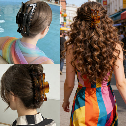 5.1" Jumbo Butterfly Hair Claw Clips for Thick Long Hair - Extra Large Non-Slip Clamps (2-Pack, Black & Amber Brown)