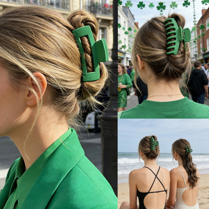 Large Matte Emerald Green Hair Claw Clips - St. Patrick's Day Non-Slip Barrettes for All Hair (3-Piece Set with Black Velvet Gift Pouch)