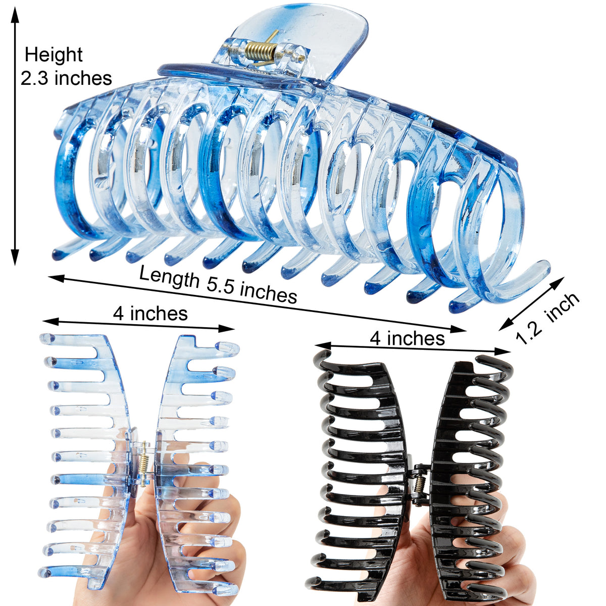 Jumbo 5.5" Glossy Hair Claw Clips for Thick Hair - Extra Large Non-Slip Jaw Clips (2-Piece Set - Jet Black & Ocean Blue)