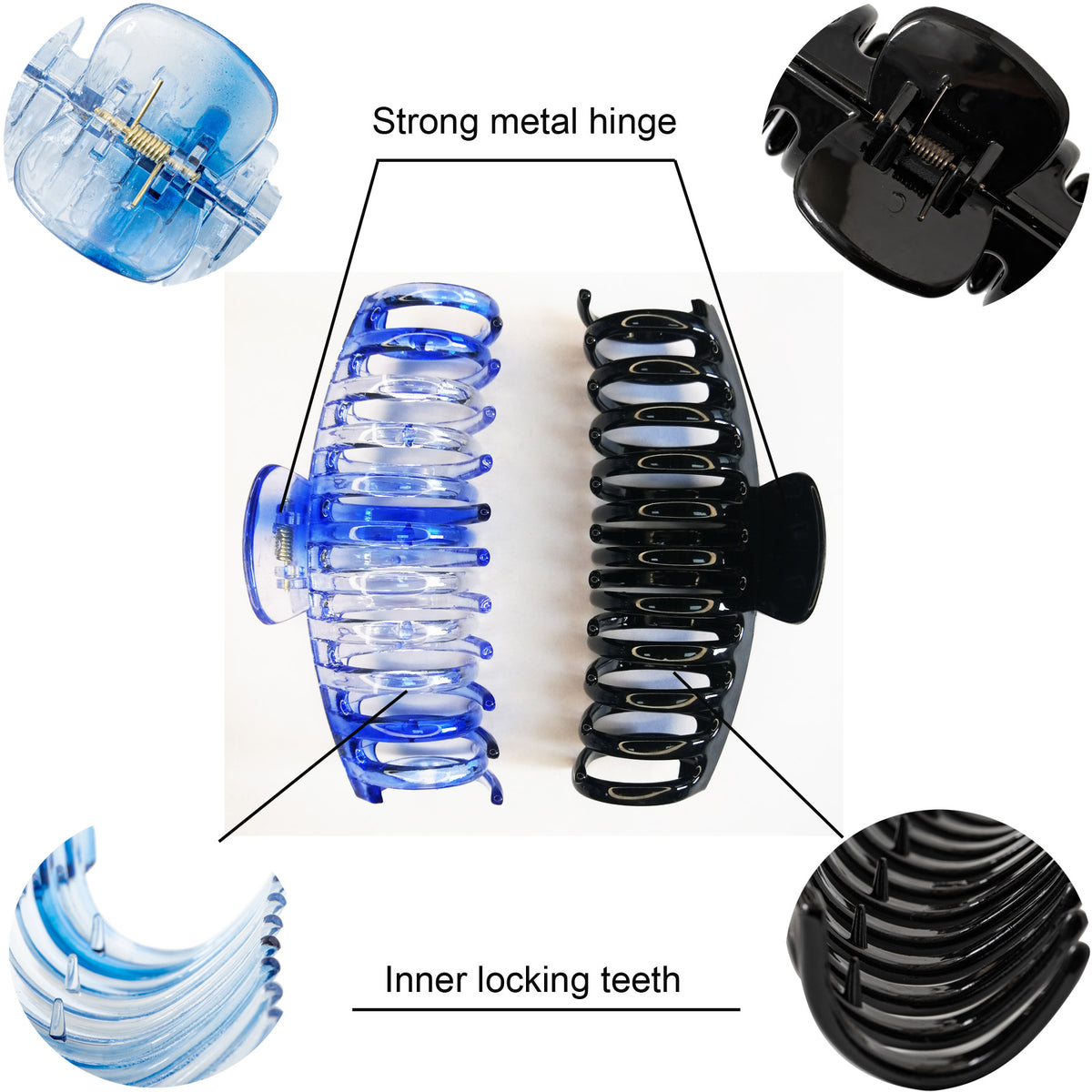 Jumbo 5.5" Glossy Hair Claw Clips for Thick Hair - Extra Large Non-Slip Jaw Clips (2-Piece Set - Jet Black & Ocean Blue)