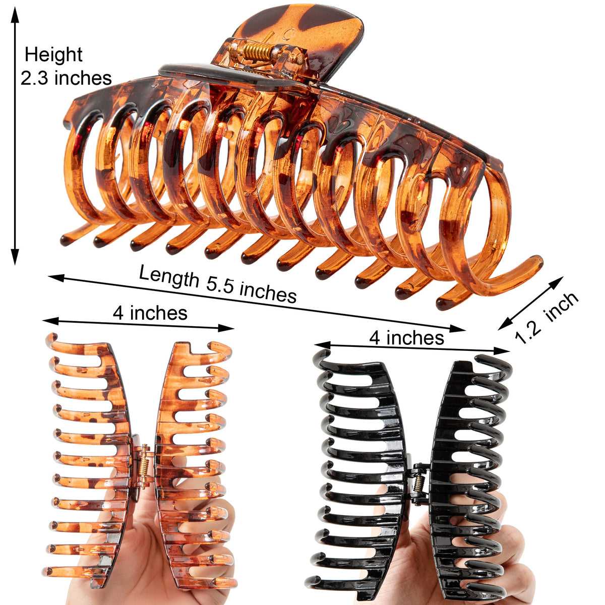 Jumbo 5.5" Glossy Hair Claw Clips for Thick Hair - Extra Large Non-Slip Jaw Clips (2-Piece Set - Jet Black & Classic Tortoiseshell)