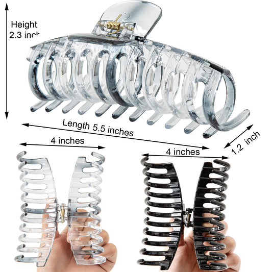 Jumbo 5.5" Glossy Hair Claw Clips for Thick Hair - Extra Large Non-Slip Jaw Clips (2-Piece Set - Jet Black & Crystal Clear)
