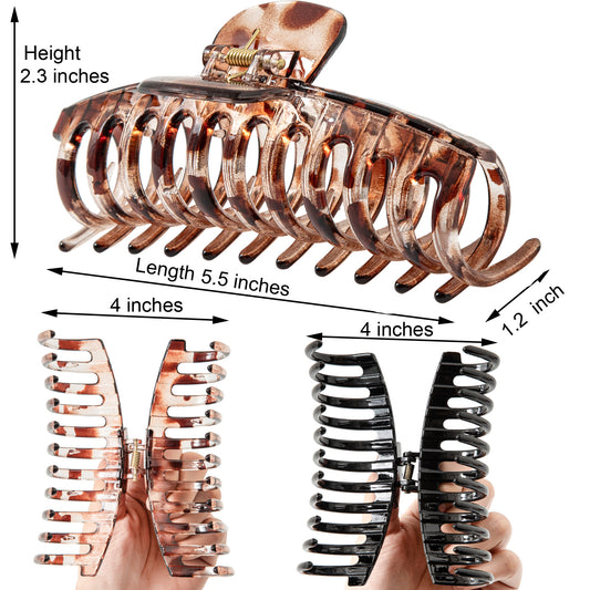 Jumbo 5.5" Glossy Hair Claw Clips for Thick Hair - Extra Large Non-Slip Jaw Clips (2-Piece Set - Jet Black & Brown Tortoiseshell)