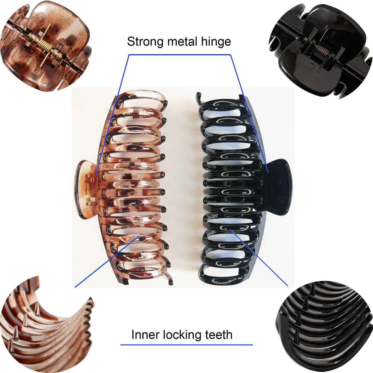 Jumbo 5.5" Glossy Hair Claw Clips for Thick Hair - Extra Large Non-Slip Jaw Clips (2-Piece Set - Jet Black & Brown Tortoiseshell)