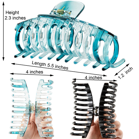 Jumbo 5.5" Glossy Hair Claw Clips for Thick Hair - Extra Large Non-Slip Jaw Clips (2-Piece Set - Jet Black & Ocean Teal)