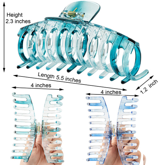 Jumbo 5.5" Glossy Hair Claw Clips for Thick Hair - Extra Large Non-Slip Jaw Clips (2-Piece Set - Cobalt Blue & Ocean Teal)