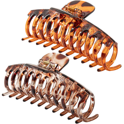 Jumbo 5.5" Leopard Tortoiseshell Hair Claw Clips for Thick Hair - Extra Large Non-Slip Animal Print Jaw Clips (2-Piece Set - Amber Leopard & Smoky Brown Tortoise)