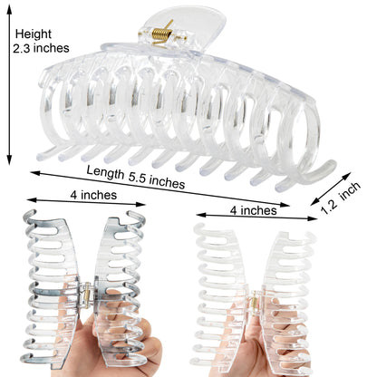 Jumbo 5.5" Glossy Hair Claw Clips for Thick Hair - Extra Large Non-Slip Jaw Clips (2-Piece Set - Crystal Clear & Smoky Clear)