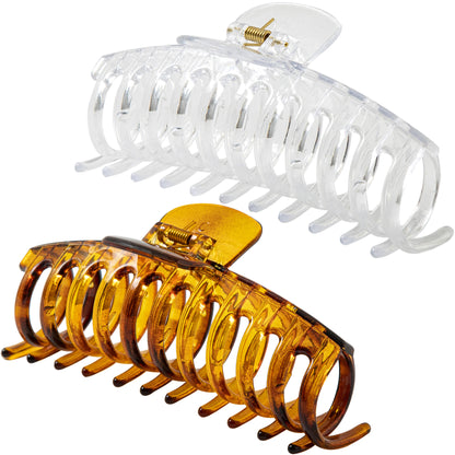 Jumbo 5.5" Glossy Hair Claw Clips for Thick Hair - Extra Large Non-Slip Jaw Clips (2-Piece Set - Crystal Clear & Amber Tortoiseshell)