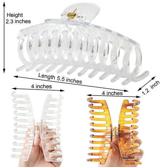 Jumbo 5.5" Glossy Hair Claw Clips for Thick Hair - Extra Large Non-Slip Jaw Clips (2-Piece Set - Crystal Clear & Amber Tortoiseshell)