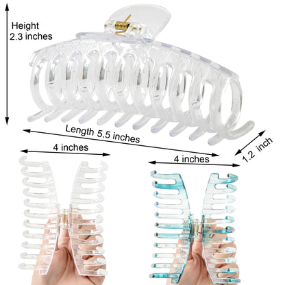 Jumbo 5.5" Glossy Hair Claw Clips for Thick Hair - Extra Large Non-Slip Jaw Clips (2-Piece Set - Crystal Clear & Ocean Teal)