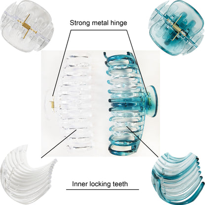 Jumbo 5.5" Glossy Hair Claw Clips for Thick Hair - Extra Large Non-Slip Jaw Clips (2-Piece Set - Crystal Clear & Ocean Teal)