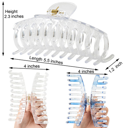 Jumbo 5.5" Glossy Hair Claw Clips for Thick Hair - Extra Large Non-Slip Jaw Clips (2-Piece Set - Crystal Clear & Cobalt Blue)