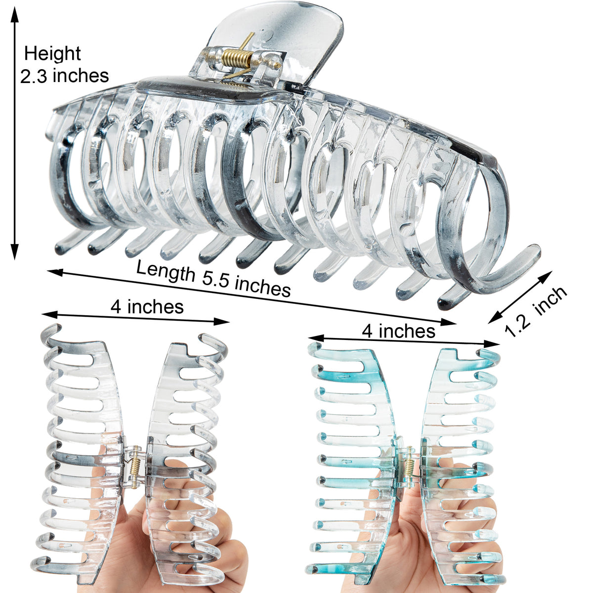 Jumbo 5.5" Glossy Hair Claw Clips for Thick Hair - Extra Large Non-Slip Jaw Clips (2-Piece Set - Smoky Clear & Ocean Teal)