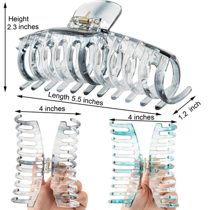 Jumbo 5.5" Glossy Hair Claw Clips for Thick Hair - Extra Large Non-Slip Jaw Clips (2-Piece Set - Smoky Clear & Ocean Teal)