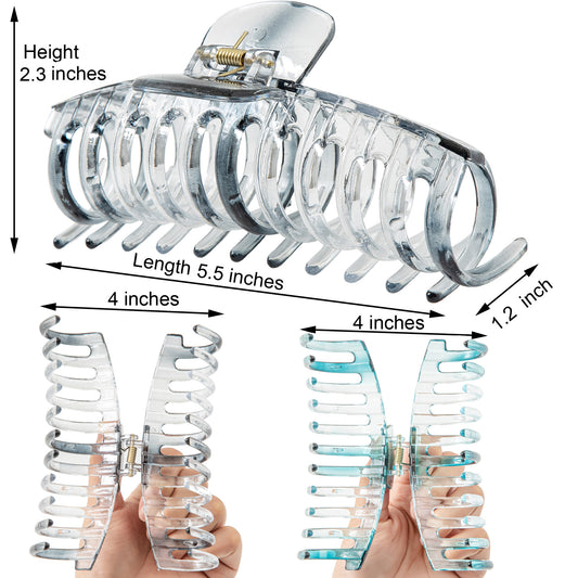 Jumbo 5.5" Glossy Hair Claw Clips for Thick Hair - Extra Large Non-Slip Jaw Clips (2-Piece Set - Smoky Clear & Ocean Teal)