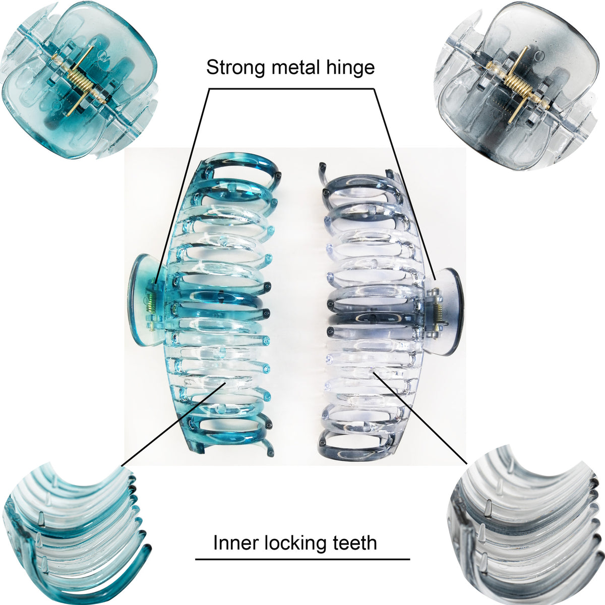 Jumbo 5.5" Glossy Hair Claw Clips for Thick Hair - Extra Large Non-Slip Jaw Clips (2-Piece Set - Smoky Clear & Ocean Teal)