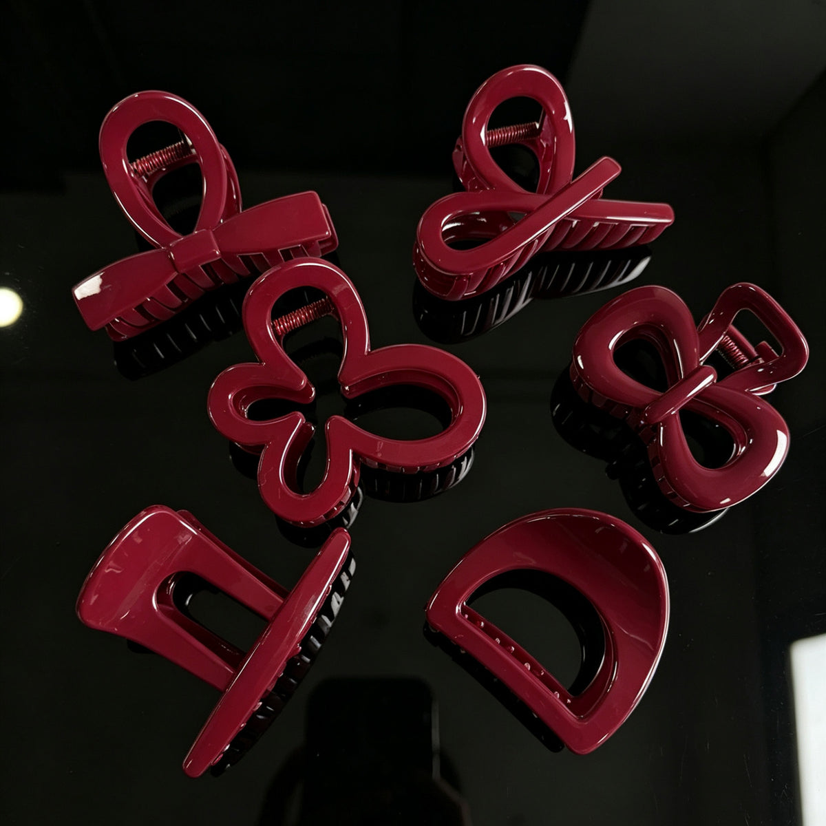 Glossy Fashion Red Hair Claw Clips - 6-Piece Cute Assorted Shapes Set for Women & Girls (Bow, Flower, Half-Moon & Crossover Clamps)