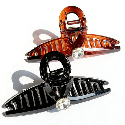 Sparkling Crystal Hair Claw Clips - 4.3" Large Non-Slip French Hair Butterfly Clamps (2-Pack, Tortoiseshell Amber & Glossy Black)