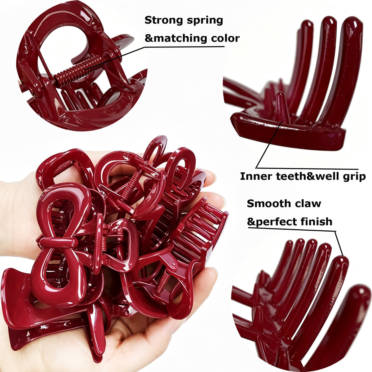 Glossy Fashion Red Hair Claw Clips - 6-Piece Cute Assorted Shapes Set for Women & Girls (Bow, Flower, Half-Moon & Crossover Clamps)