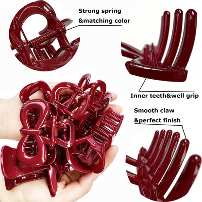 Glossy Fashion Red Hair Claw Clips - 6-Piece Cute Assorted Shapes Set for Women & Girls (Bow, Flower, Half-Moon & Crossover Clamps)