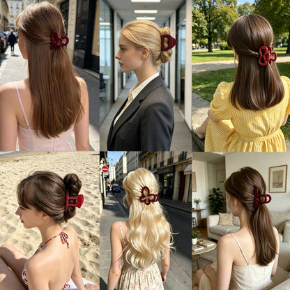 Glossy Fashion Red Hair Claw Clips - 6-Piece Cute Assorted Shapes Set for Women & Girls (Bow, Flower, Half-Moon & Crossover Clamps)