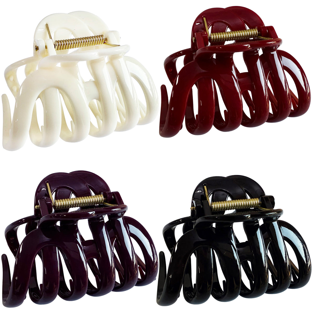 Large Octopus Hair Claw Clips - 3.74" Sturdy Hair Barrettes for Thick Hair (4-Pack with Gift Bag, Glossy Black, Cream Ivory, Wine Red & Deep Plum)