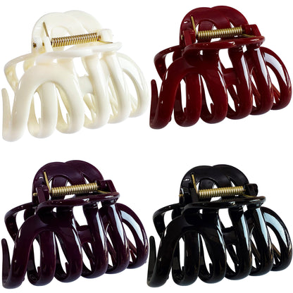 Large Octopus Hair Claw Clips - 3.74" Sturdy Hair Barrettes for Thick Hair (4-Pack with Gift Bag, Glossy Black, Cream Ivory, Wine Red & Deep Plum)