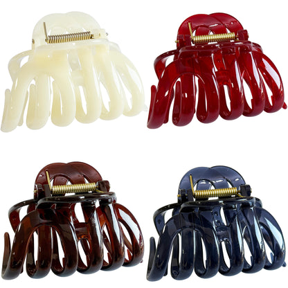 Large Octopus Hair Claw Clips - 3.74" Sturdy Hair Barrettes for Thick Hair (4-Pack with Gift Bag, Translucent Amber Tortoise, Smokey Navy, Ruby Red & Milky Ivory)