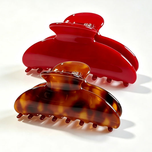 Cellulose Acetate French Hair Claw Clips - 3.35" Medium Arched Barrettes (2-Pack with Gift Pouch, Vintage Red & Classic Tortoiseshell)
