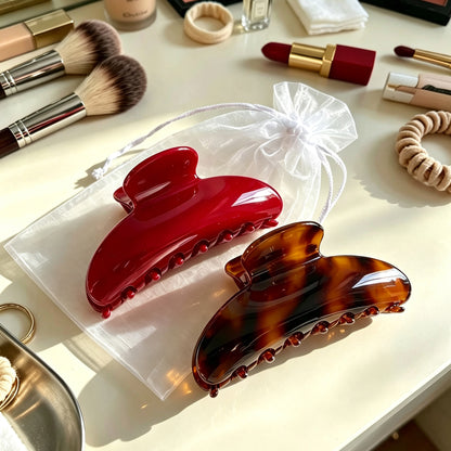 Cellulose Acetate French Hair Claw Clips - 3.35" Medium Arched Barrettes (2-Pack with Gift Pouch, Vintage Red & Classic Tortoiseshell)
