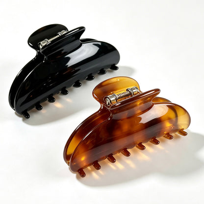 Cellulose Acetate French Hair Claw Clips - 3.35" Medium Arched Barrettes (2-Pack with Gift Pouch, Classic Black & Amber Tortoiseshell)