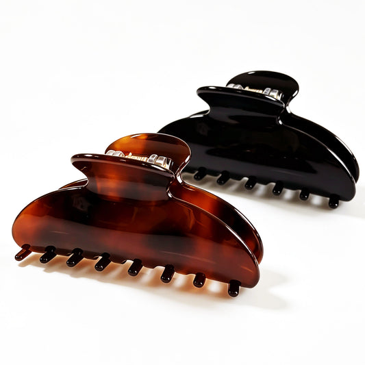 Cellulose Acetate French Hair Claw Clips - 3.35" Medium Arched Barrettes (2-Pack with Gift Pouch, Classic Black & Amber Tortoiseshell)