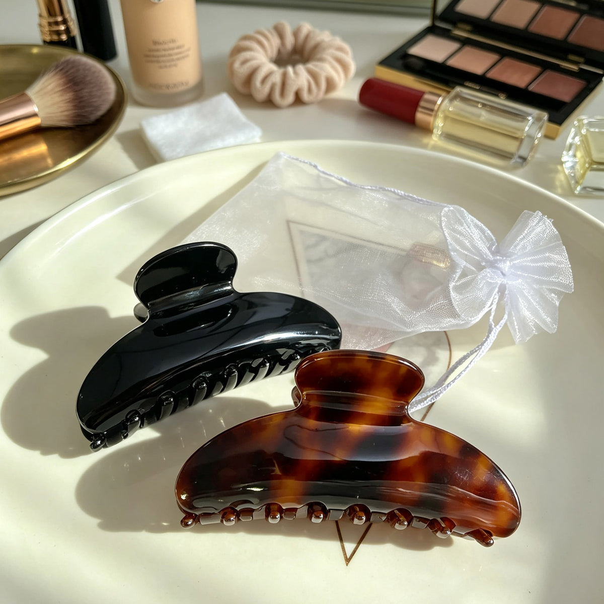 Cellulose Acetate French Hair Claw Clips - 3.35" Medium Arched Barrettes (2-Pack with Gift Pouch, Classic Black & Amber Tortoiseshell)