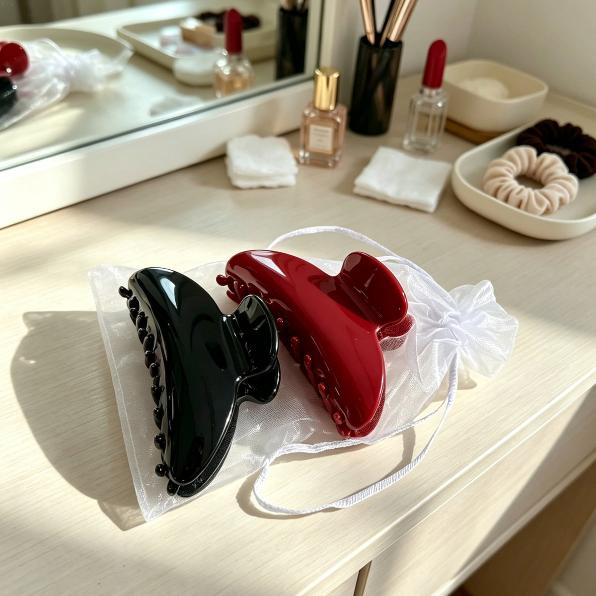 Cellulose Acetate French Hair Claw Clips - 3.35" Medium Arched Barrettes (2-Pack with Gift Pouch, Classic Black & Vintage French Red)