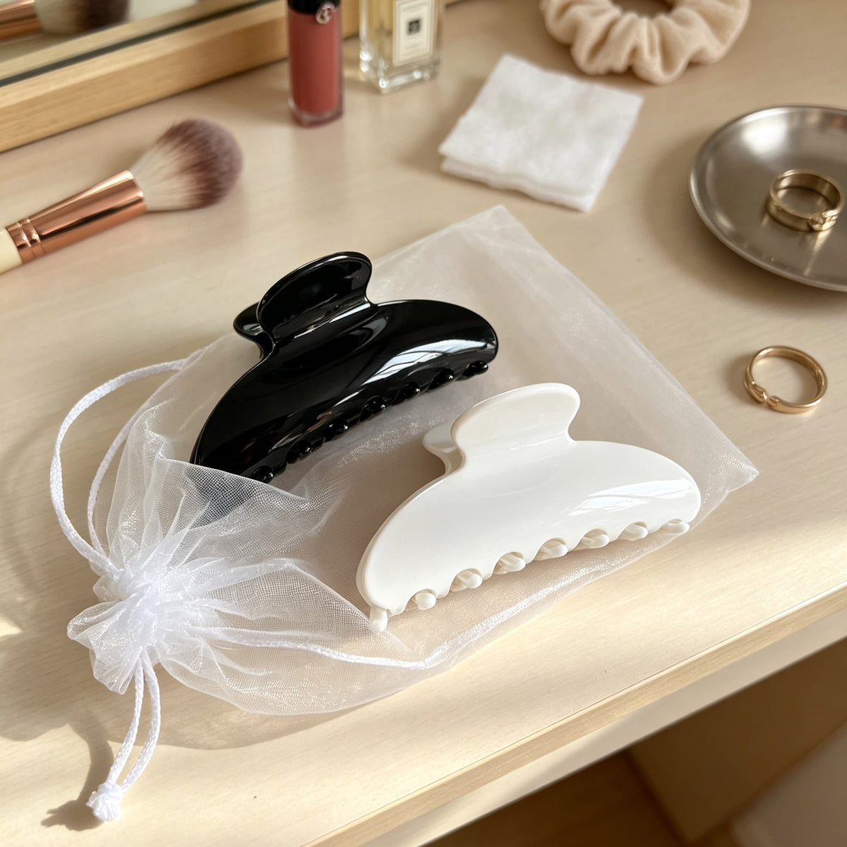Cellulose Acetate French Hair Claw Clips - 3.35" Medium Arched Barrettes (2-Pack with Gift Pouch, Classic Black & Elegant White)