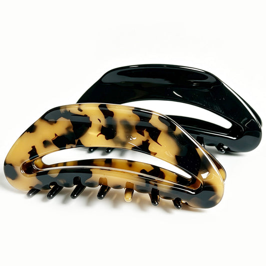 Cellulose Acetate French Hair Claw Clips - 4.15" Large Arched Hair Barrettes (2-Pack with Gift Pouch, Classic Black & Amber Tortoiseshell)
