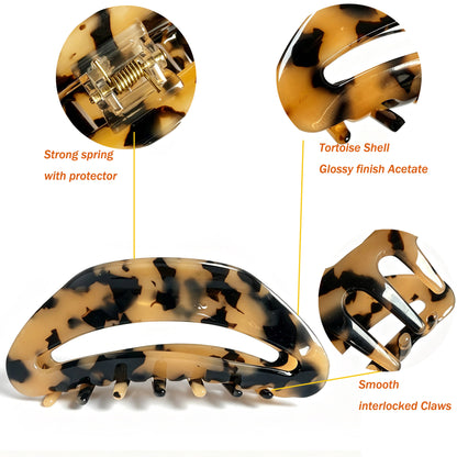 Cellulose Acetate French Hair Claw Clips - 4.15" Large Arched Hair Barrettes (2-Pack with Gift Pouch, Classic Black & Amber Tortoiseshell)