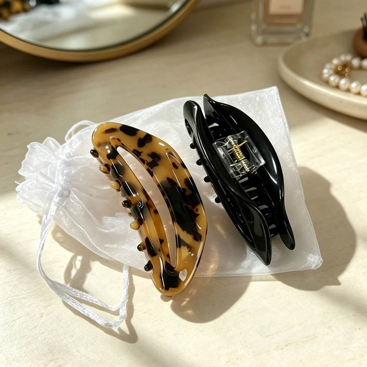 Cellulose Acetate French Hair Claw Clips - 4.15" Large Arched Hair Barrettes (2-Pack with Gift Pouch, Classic Black & Amber Tortoiseshell)