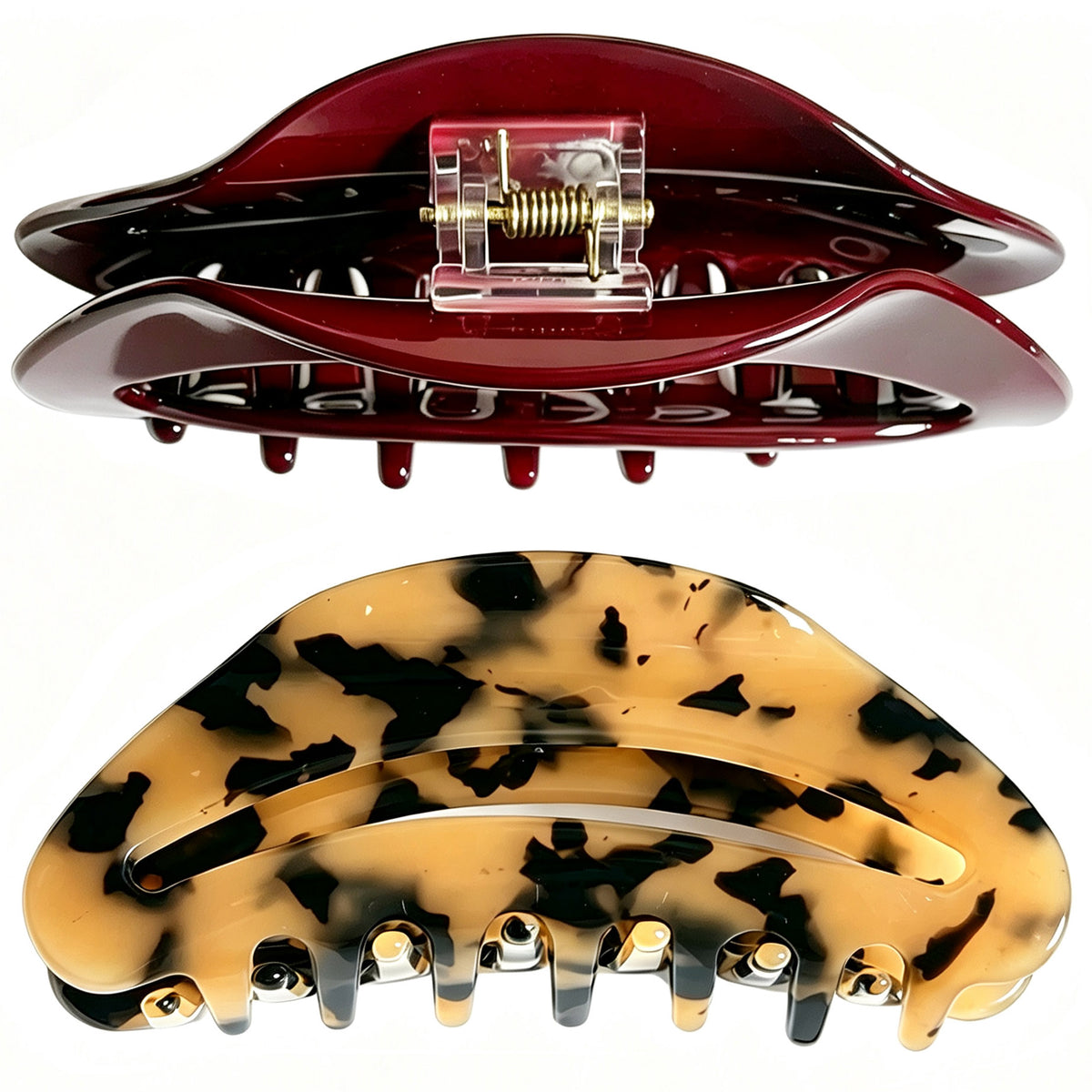 Cellulose Acetate French Hair Claw Clips - 4.15" Large Arched Hair Barrettes (2-Pack with Gift Pouch, Vintage French Red & Amber Tortoiseshell)