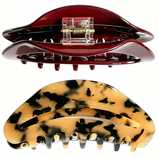 Cellulose Acetate French Hair Claw Clips - 4.15" Large Arched Hair Barrettes (2-Pack with Gift Pouch, Vintage French Red & Amber Tortoiseshell)