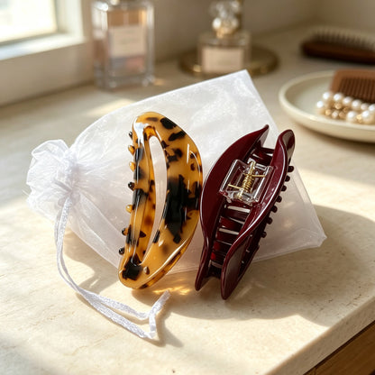 Cellulose Acetate French Hair Claw Clips - 4.15" Large Arched Hair Barrettes (2-Pack with Gift Pouch, Vintage French Red & Amber Tortoiseshell)