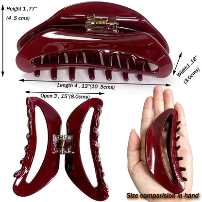 Cellulose Acetate French Hair Claw Clips - 4.15" Large Arched Hair Barrettes (2-Pack with Gift Pouch, Classic Black & Vintage French Red)