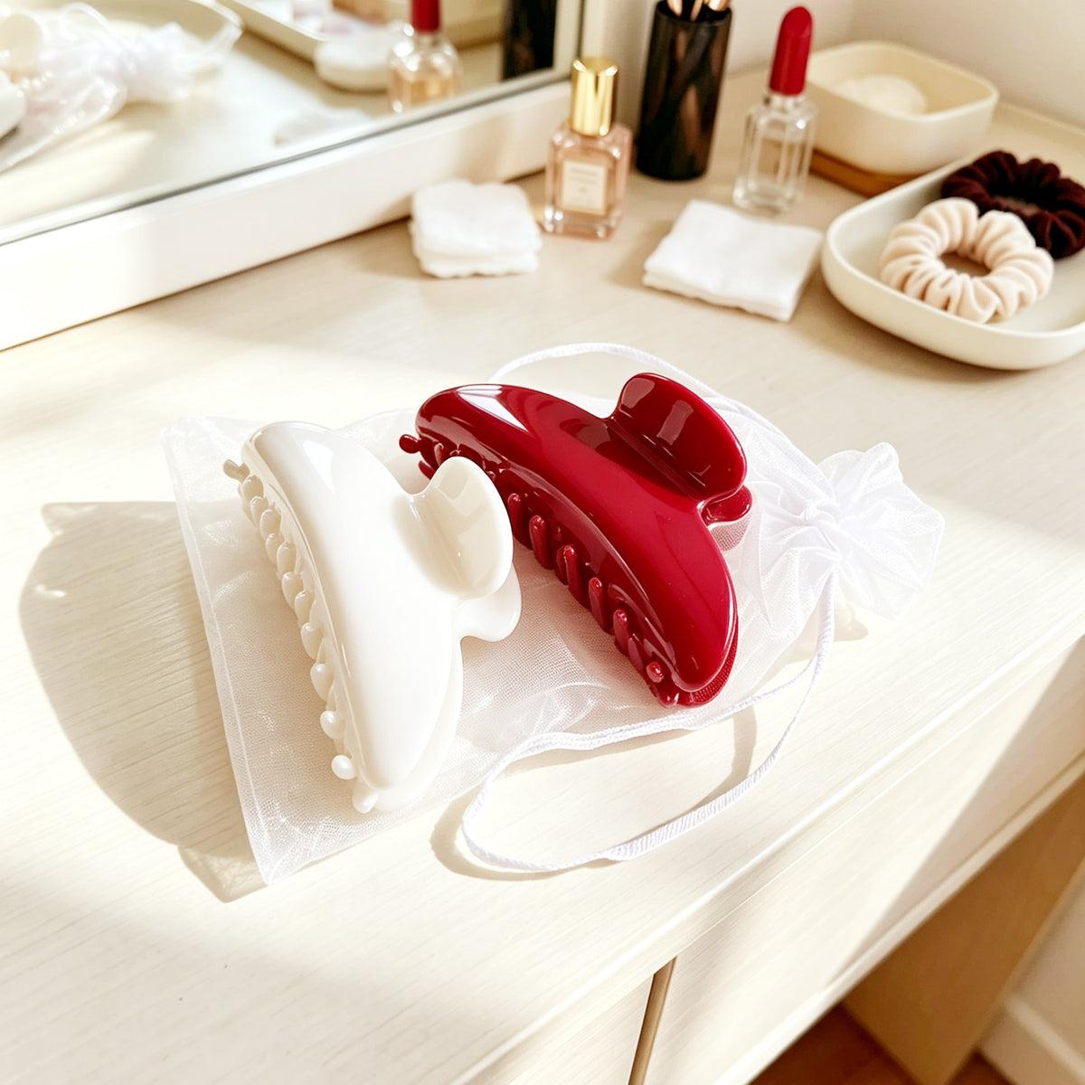Cellulose Acetate French Hair Claw Clips - 3.35" Medium Arched Barrettes (2-Pack with Gift Pouch, Vintage French Red & Elegant White)