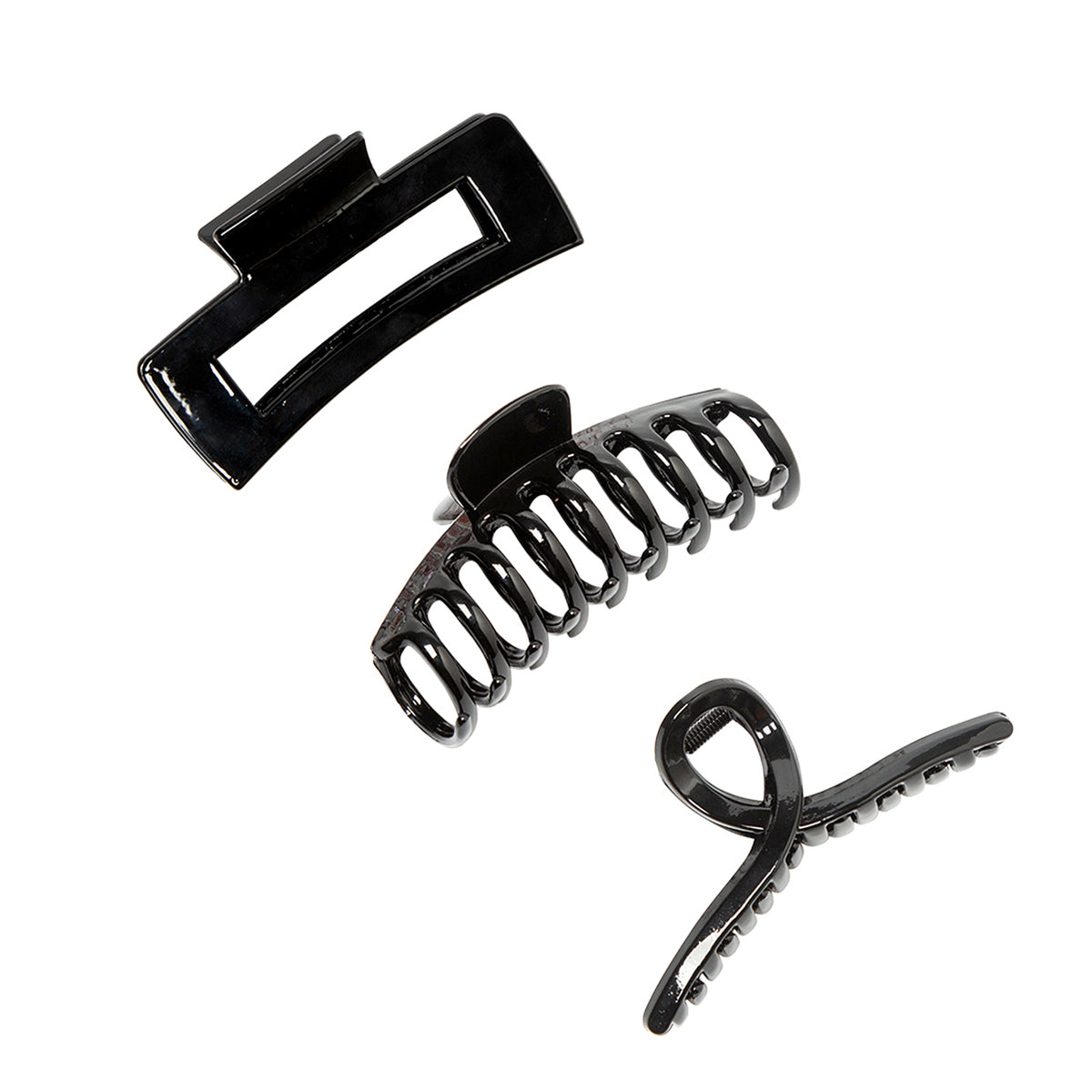 Large Glossy Jet Black Hair Claw Clips - Classic Non-Slip Barrettes for All Hair (3-Piece Set with Black Velvet Gift Pouch)