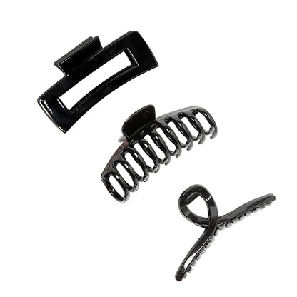 Large Glossy Jet Black Hair Claw Clips - Classic Non-Slip Barrettes for All Hair (3-Piece Set with Black Velvet Gift Pouch)