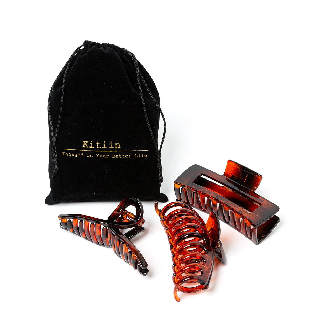 Large Glossy Amber Tortoiseshell Hair Claw Clips - Classic Non-Slip Barrettes for All Hair (3-Piece Set with Black Velvet Gift Pouch)